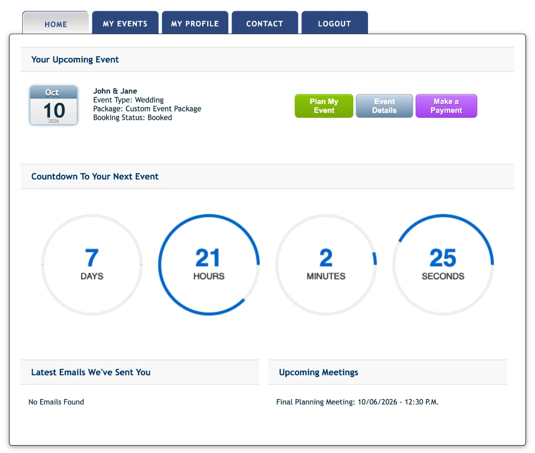 The Debeljak Productions online event planner home screen showing an upcoming wedding, event countdown, and planning tools