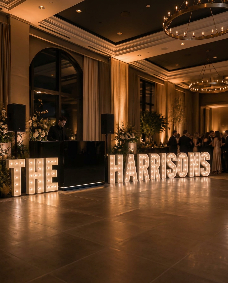 Custom DJ booth with illuminated marquee letters at a wedding reception