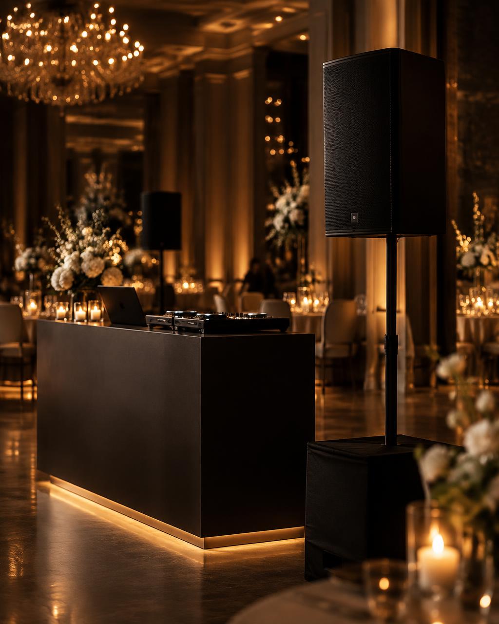 Professional DJ booth and reception sound system
